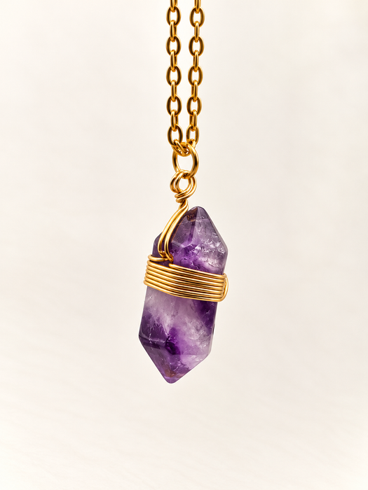 amethyst crystal point wire wrapped necklace gold