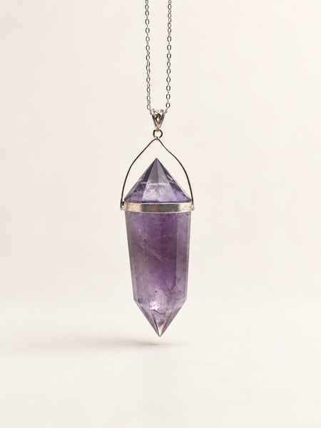 amethyst pendant necklace chunky vogel point crystal healing spiritual energy silver jewellery 