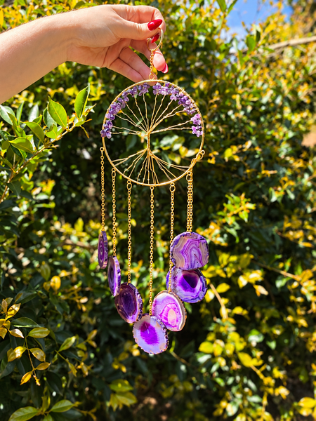 tree of life sun catcher amethyst wind chime window hanging agate crystal purple gold spiritual home decor