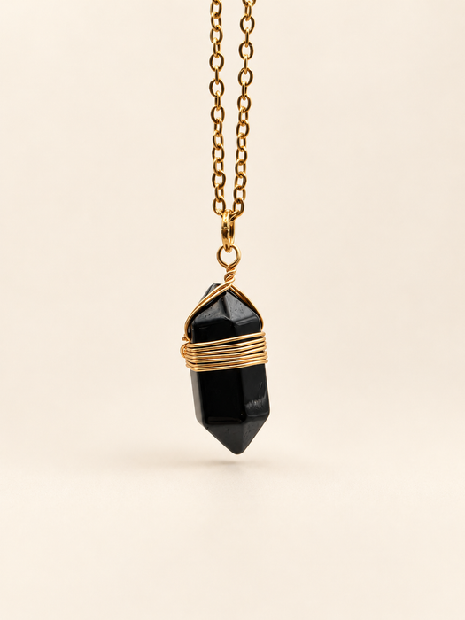 obsidian crystal point wire wrapped necklace gold