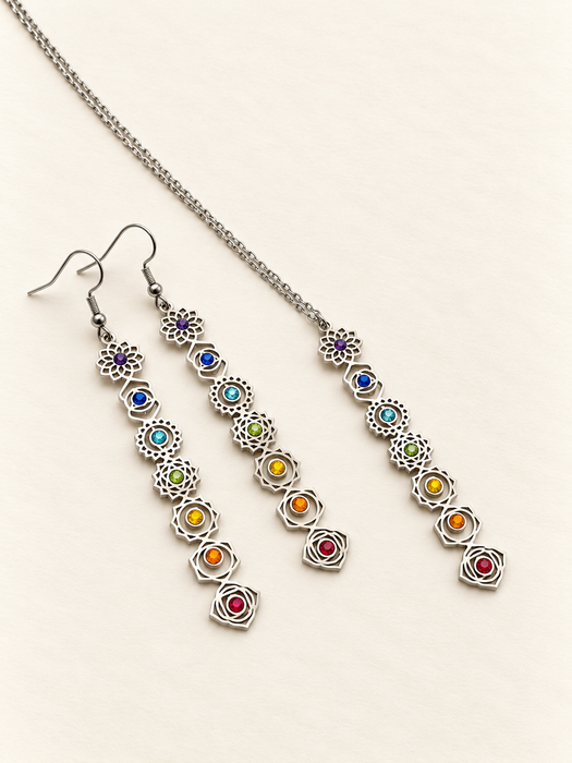 chakra necklace silver chain gemstones seven crystal healing energy earrings set fashion jewellery