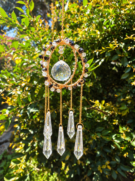 black obsidian crystal quartz suncatcher windchime window hanging gold
