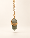 grey labradorite crystal point wire wrapped necklace gold