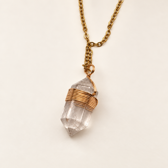 clear quartz crystal point wire wrapped necklace gold