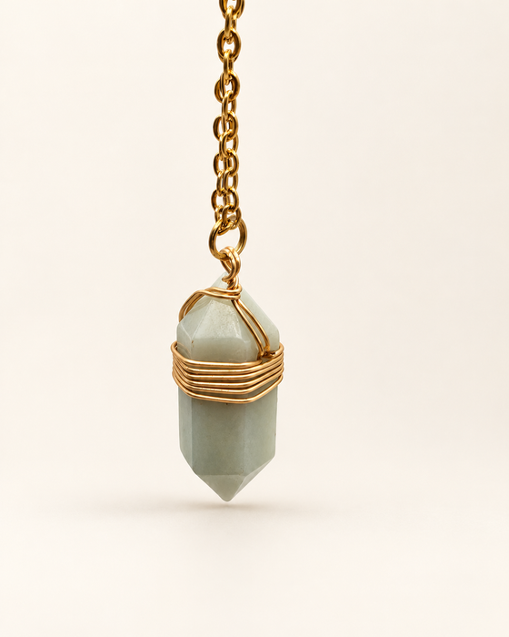 amazonite crystal point wire wrapped necklace gold