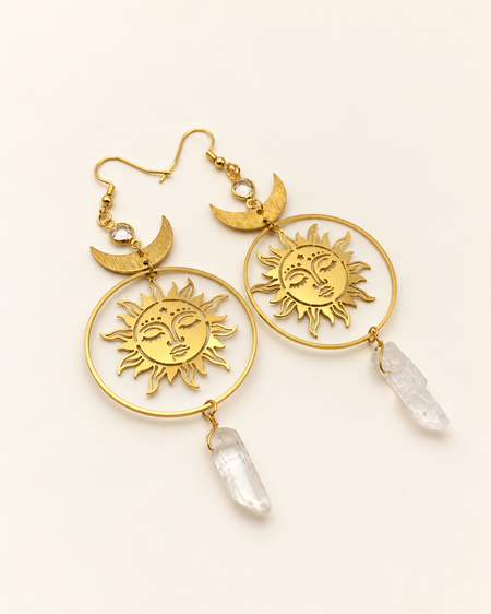 gold sun summer celestial earrings drop crystal healing energy hippie beach fashion jewellery