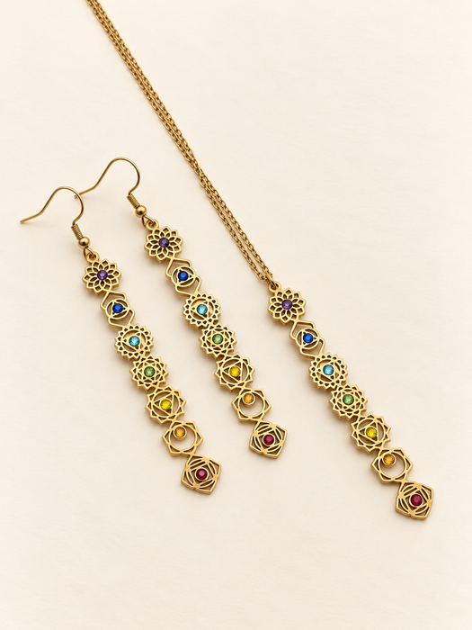 chakra necklace golden chain gemstones seven crystal healing energy earrings set fashion jewellery
