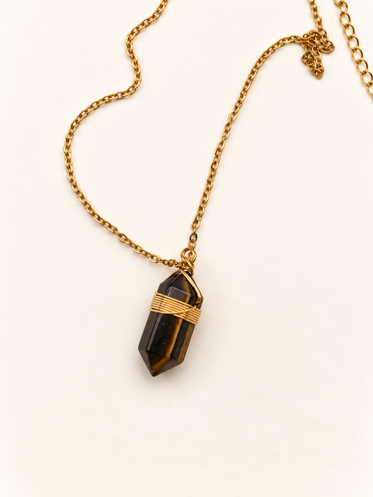 tigers eye crystal point wire wrapped necklace gold
