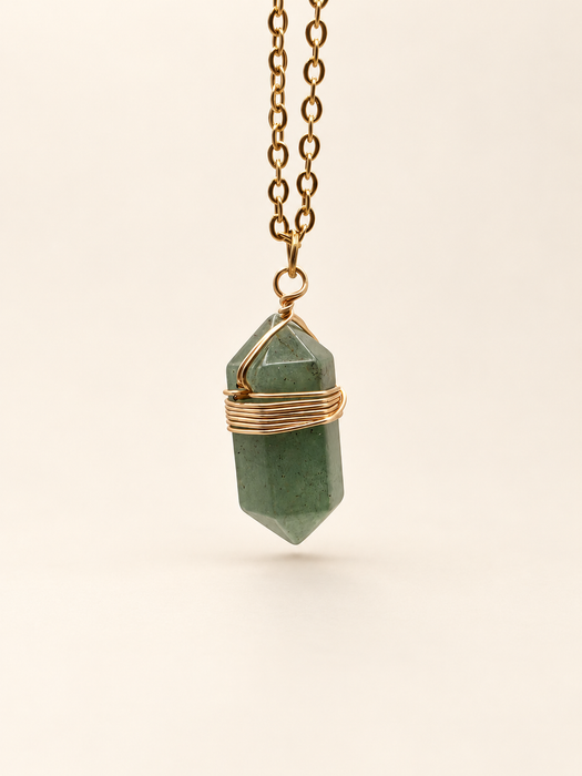 green aventurine crystal point wire wrapped necklace gold