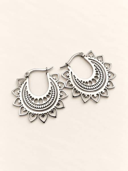 mandala  hippie crystal spiritual silver earrings circle design intricate fashion jewellery