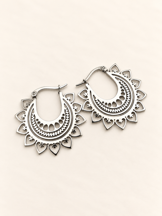 mandala  hippie crystal spiritual silver earrings circle design intricate fashion jewellery