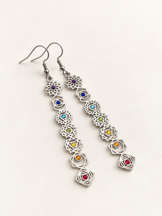 seven chakra drop earrings fashion jewellery gemstones crystals healing spiritual silver