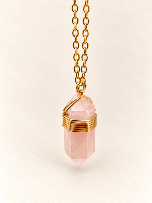 rose quartz crystal point wire wrapped necklace gold