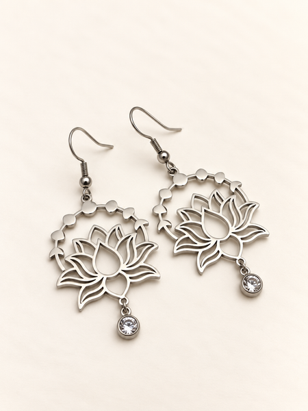 lotus hippie crystal spiritual silver earrings drop design intricate fashion jewellery