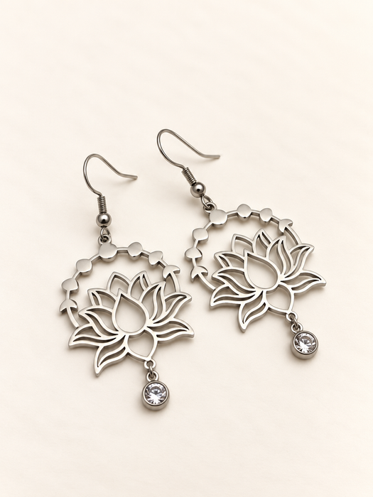 lotus hippie crystal spiritual silver earrings drop design intricate fashion jewellery