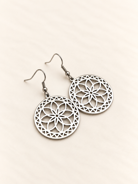 mandala flower of life hippie crystal spiritual silver earrings drop design intricate fashion jewellery