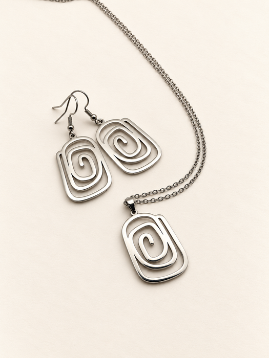 geometric spiral necklace with chain silver stainless steel fashion jewellery spiritual earrings set 